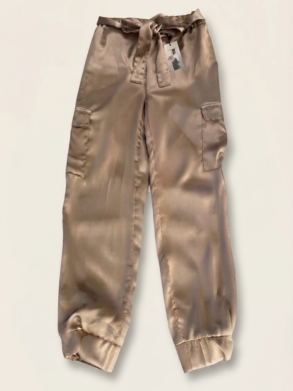 Sincerely Jules Satin Cargo Joggers in Champagne Taupe Size Small